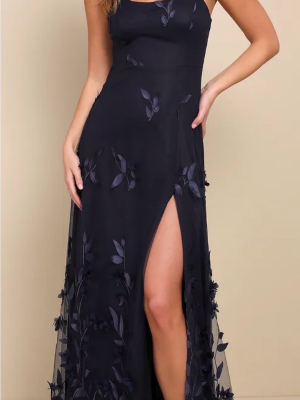 Lulu's Navy Floral Applique Maxi Dress with High Slit